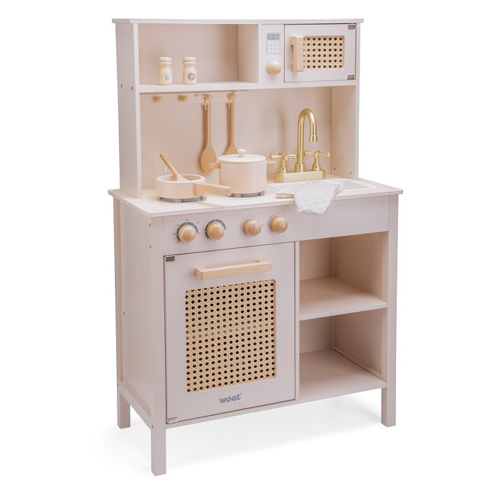 Dětská dřevěná kuchyňka - růžová s ratanem