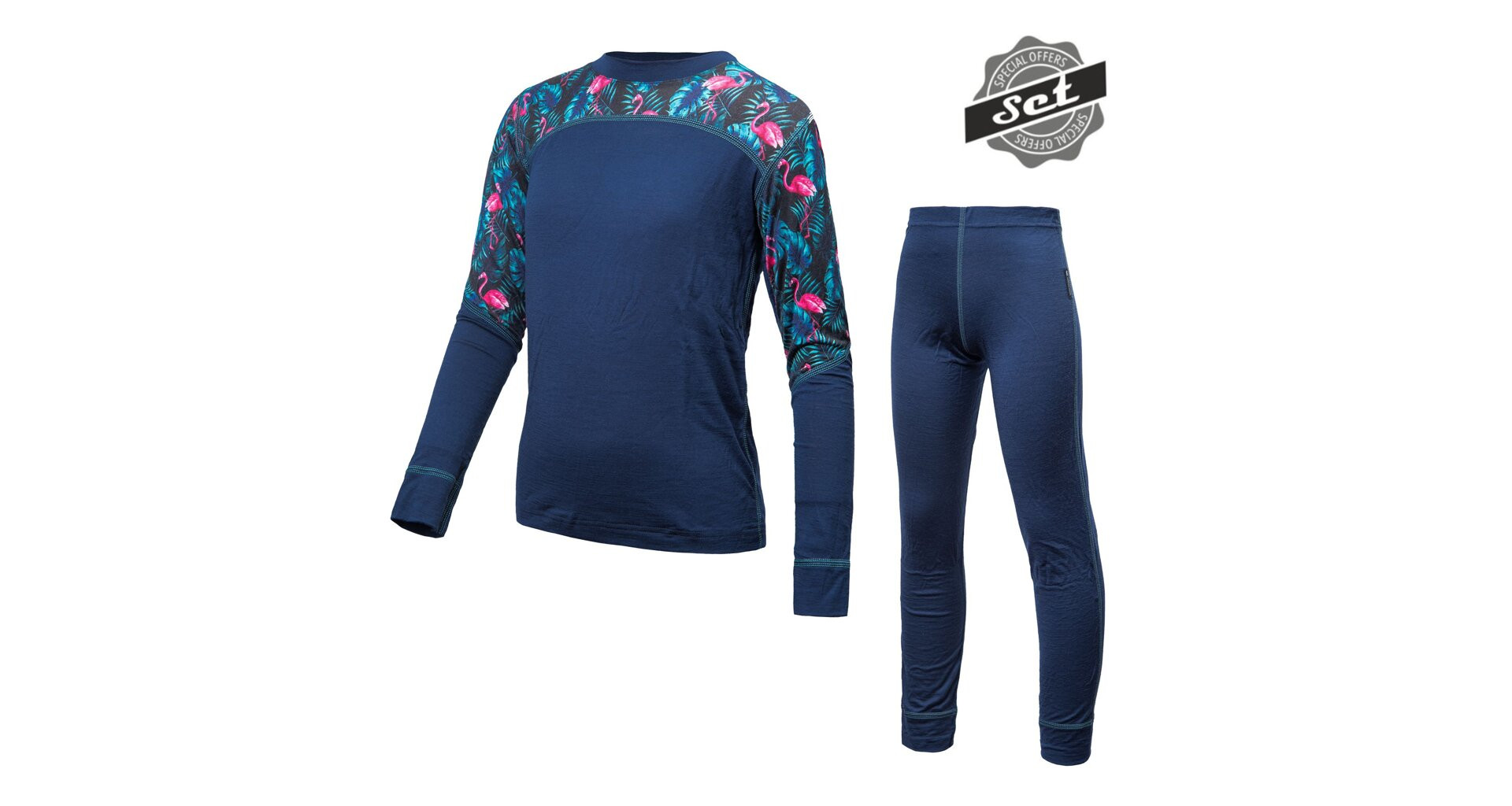 SENSOR MERINO IMPRESS SET dětský triko dl.rukáv + spodky deep blue/floral -120